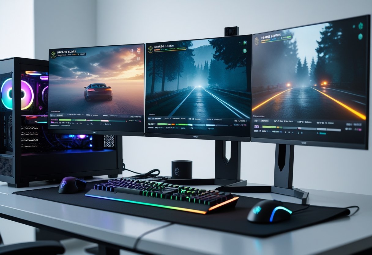 A modern gaming setup with a high-definition monitor showing three side-by-side in-game images, a gaming PC with RGB lights, keyboard, and mouse on a clean desk.