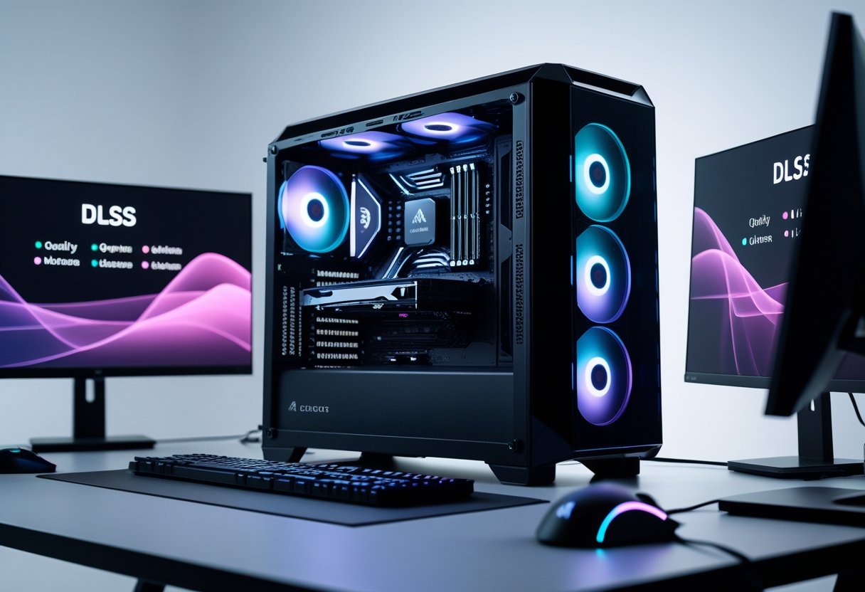 A modern gaming setup with a high-end gaming PC and multiple monitors displaying colorful visualizations representing different performance modes.